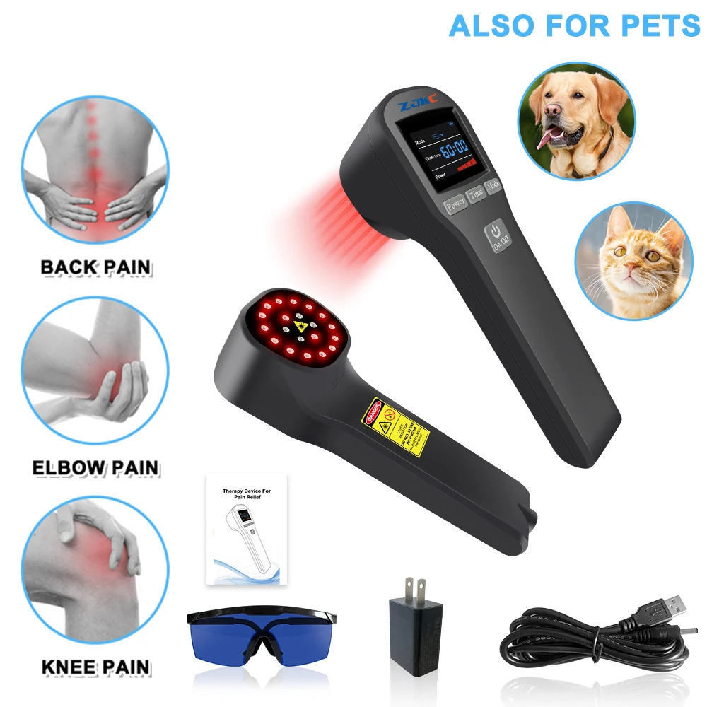 ZJKC 880mW 650nmx16+808nmx4 Class 3b Laser Infrared Red Light Therapy Cold Laser LLLT Device for Pain Relief Wound Healing