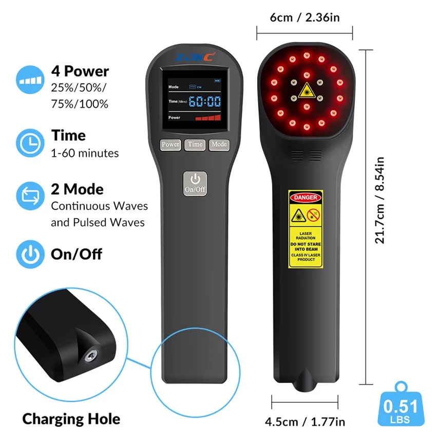 ZJKC 880mW 650nmx16+808nmx4 Class 3b Laser Infrared Red Light Therapy Cold Laser LLLT Device for Pain Relief Wound Healing
