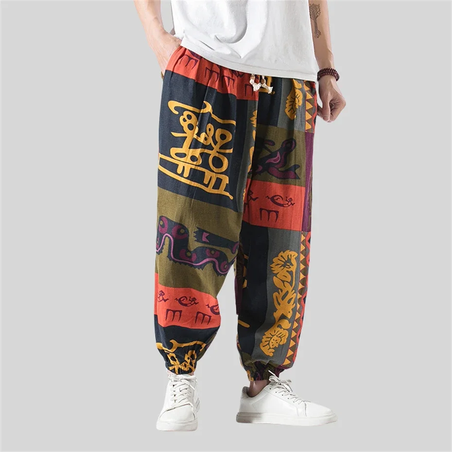 Plus Size Joggers Harem Pants Men Cotton Linen Pants Hip Hop Streetwear Flower Graffiti Fashion Trousers Male Spring Autumn