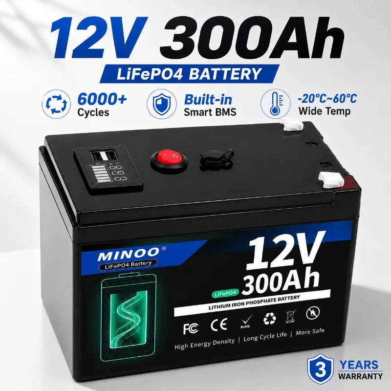 LiFePO4 12V 300AH 12V 200AH Battery Free Charger 12V Lithium Battery Built-In 300A BMS 6000+ Cycle Foat Fast Ship From EUr Bo