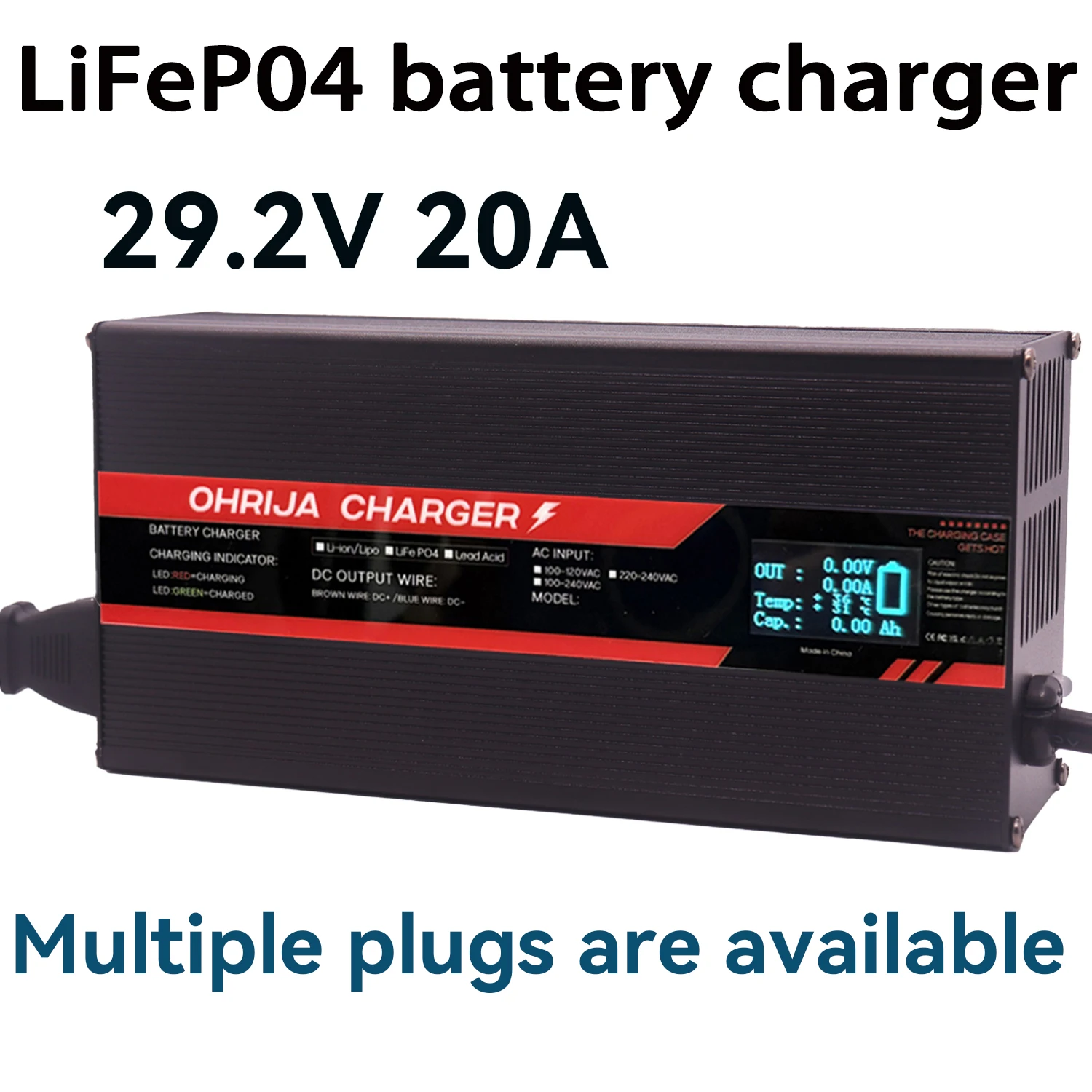 OHRIJA 29.2V 20A High Power Fast Charger For 8 Strings 25.6V LiFePO4 Battery Charger High-Power Intelligent Display Shell Case