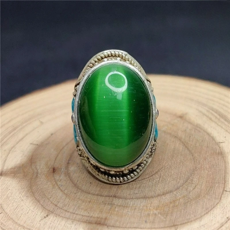 Premium Large Cat Eye Stone Ring, Green Blue Light, Domineering Boss Ring