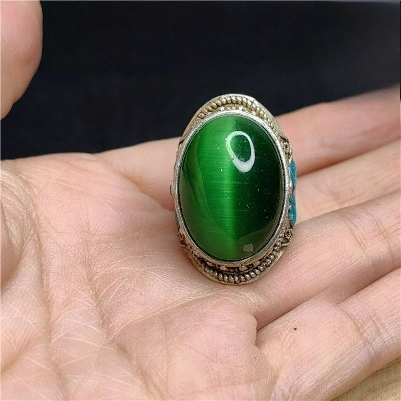 Premium Large Cat Eye Stone Ring, Green Blue Light, Domineering Boss Ring