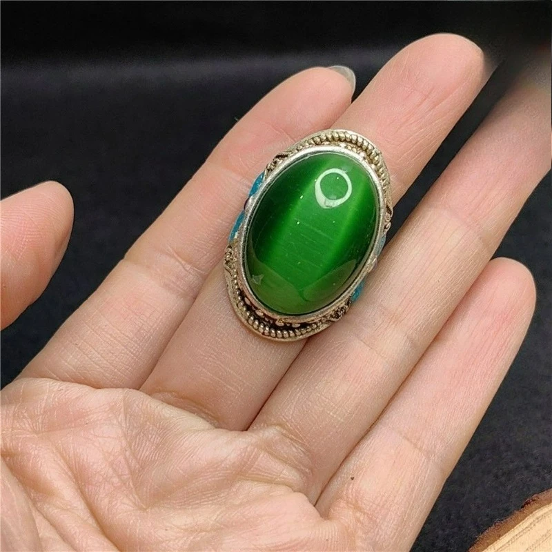 Premium Large Cat Eye Stone Ring, Green Blue Light, Domineering Boss Ring