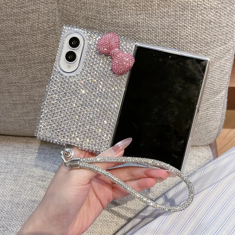 for Samsung Galaxy Z Fold 8 Case 2026 New Korean Cute 3D Bowknot Glitter Rhinestone Phone Case Protective Back Cover with Strap
