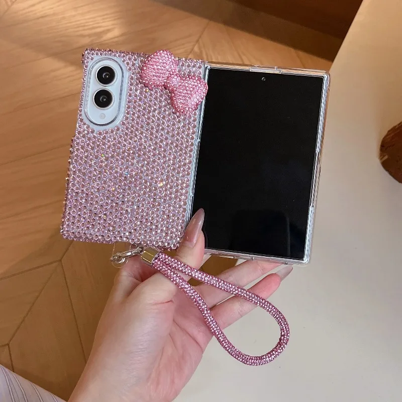 for Samsung Galaxy Z Fold 8 Case 2026 New Korean Cute 3D Bowknot Glitter Rhinestone Phone Case Protective Back Cover with Strap