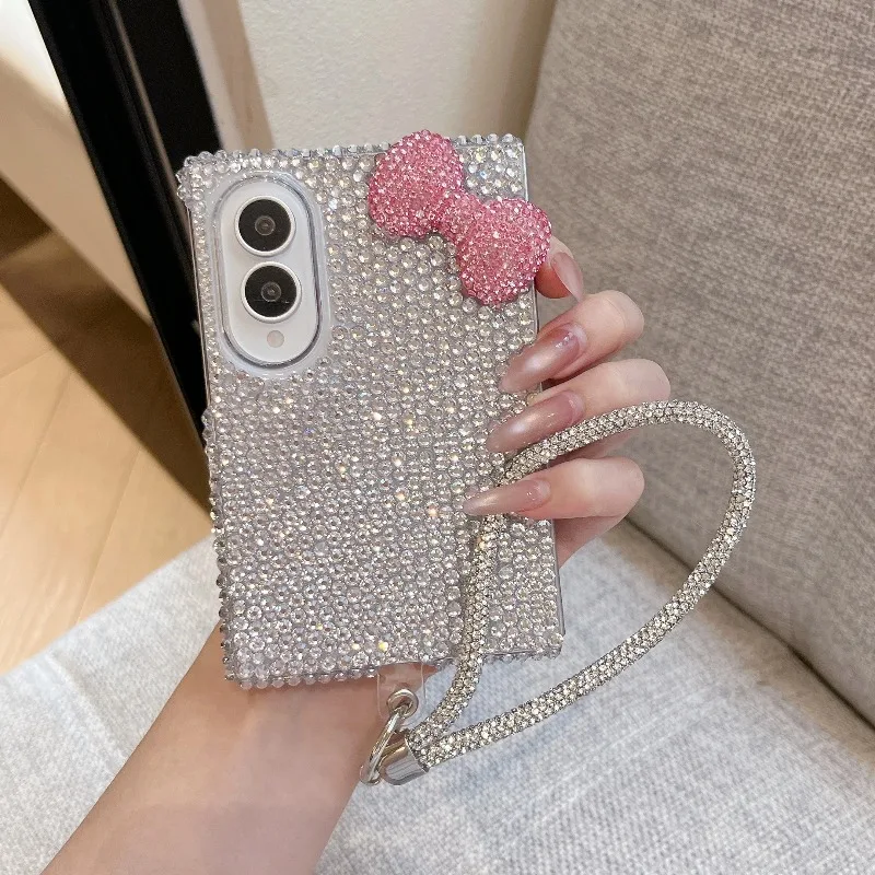 for Samsung Galaxy Z Fold 8 Case 2026 New Korean Cute 3D Bowknot Glitter Rhinestone Phone Case Protective Back Cover with Strap