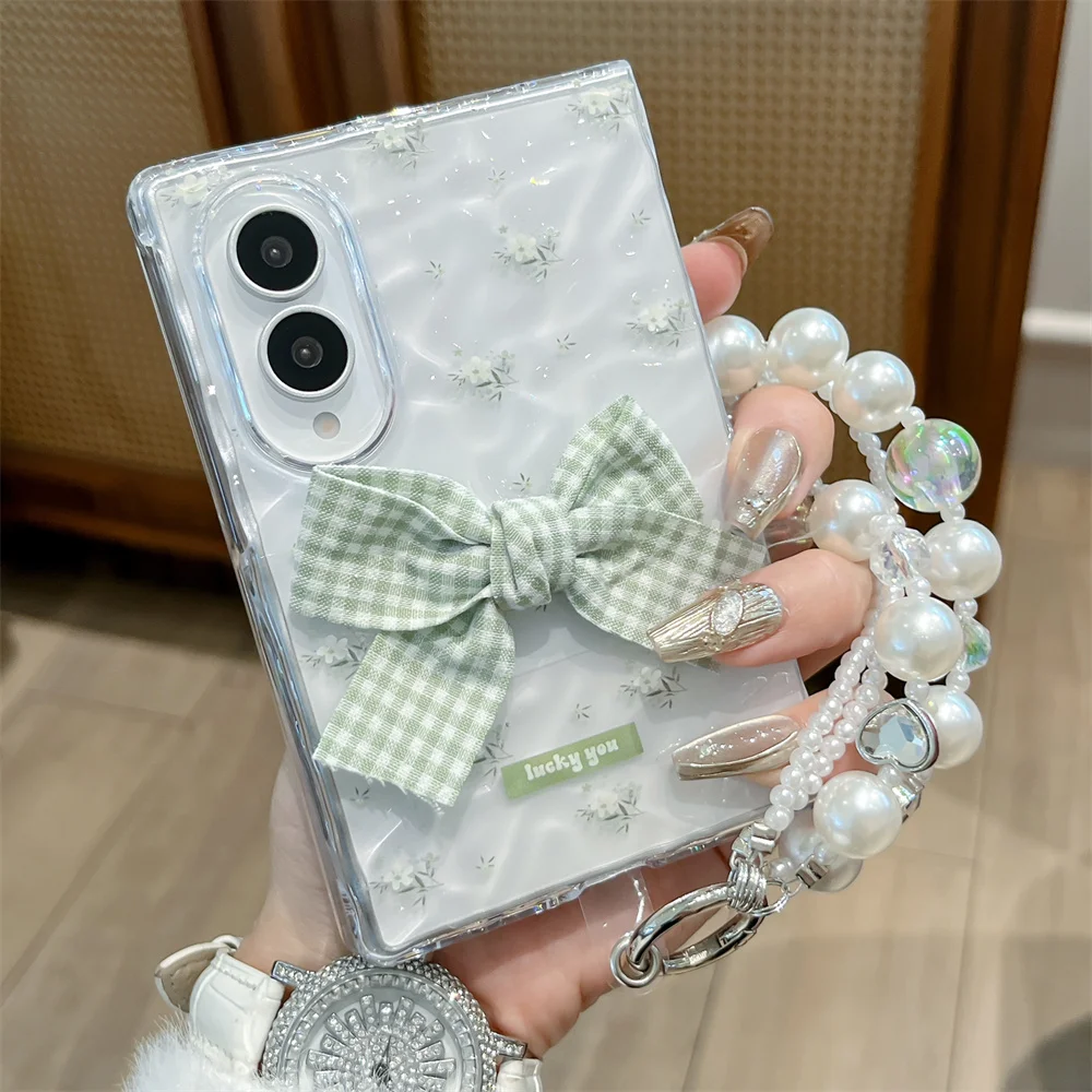 Korean Cute Plaid Bow Flowers Phone case for Samsung Galaxy Z Fold 8 Ultra  fold7 Fold 6 7 8  Cover with Chain Shockproof cover