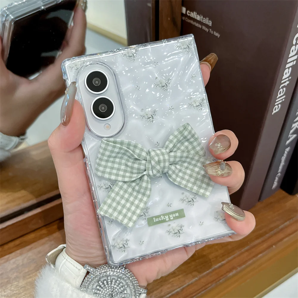Korean Cute Plaid Bow Flowers Phone case for Samsung Galaxy Z Fold 8 Ultra  fold7 Fold 6 7 8  Cover with Chain Shockproof cover
