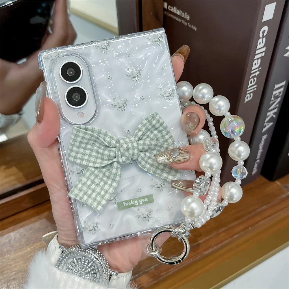 Korean Cute Plaid Bow Flowers Phone case for Samsung Galaxy Z Fold 8 Ultra  fold7 Fold 6 7 8  Cover with Chain Shockproof cover