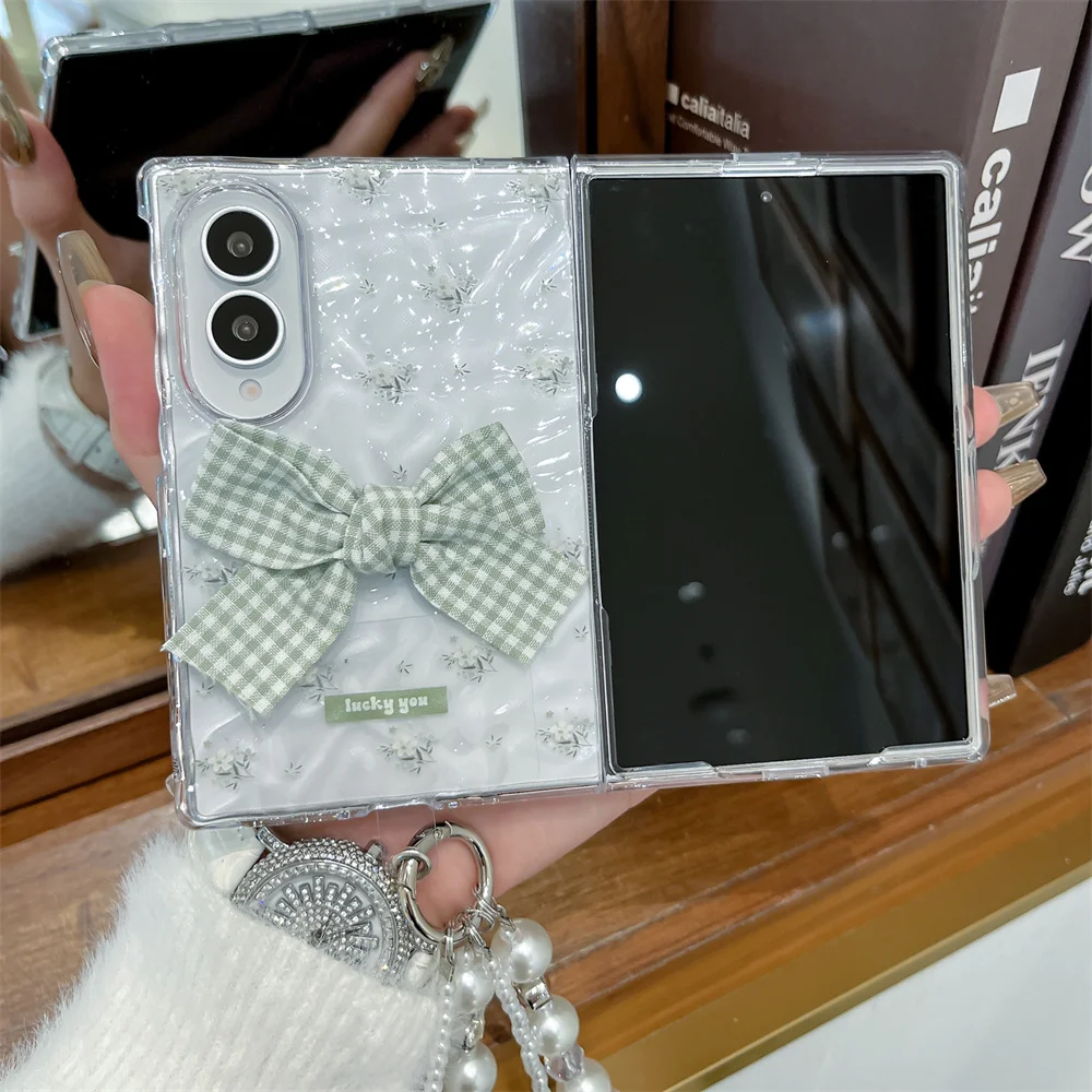 Korean Cute Plaid Bow Flowers Phone case for Samsung Galaxy Z Fold 8 Ultra  fold7 Fold 6 7 8  Cover with Chain Shockproof cover