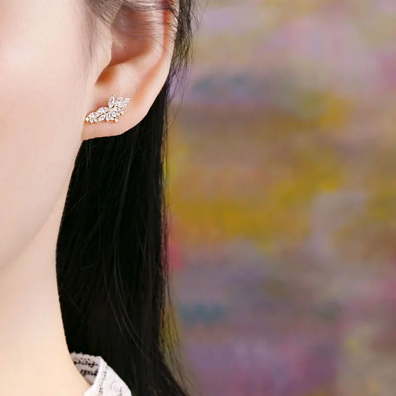 HI MAN 100% S925 Sterling Silver Korean Transparent Crystal Angel Wings Stud Earrings Women Sweet Cute Wedding Jewelry