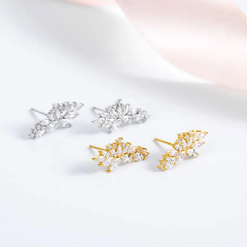 HI MAN 100% S925 Sterling Silver Korean Transparent Crystal Angel Wings Stud Earrings Women Sweet Cute Wedding Jewelry