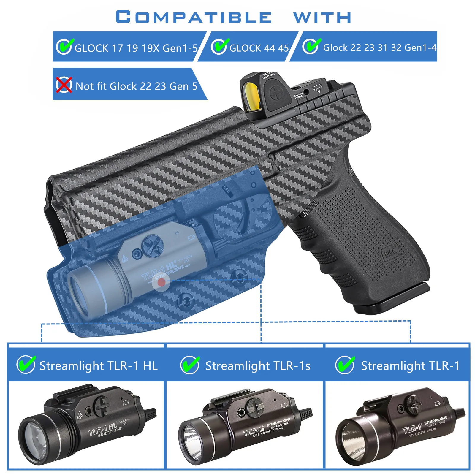 IWB Kydex Holster for Glock 17 19 19X 22 23 25 32 44 45 with Streamlight TLR-1 TLR-1HL TLR-1s Flashlight Inside Concealed Carry