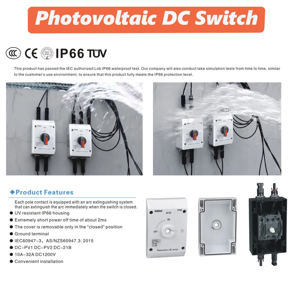 Solar Photovoltaic  Isolator DC Switch PV Disconnect  ON OFF 1000V 1200V 32 G40 Rotating Handle IP66 Waterproof