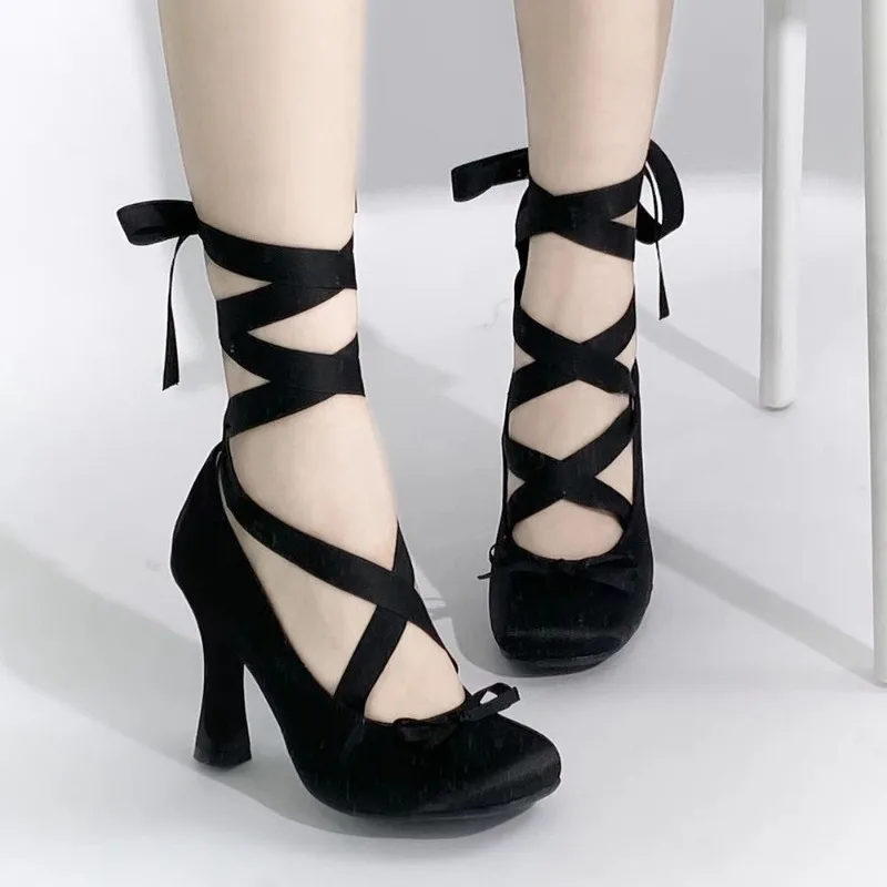 Women Ballet Shoes Temperament Square Head Bow Cross Strap Design Women Heels Luxury Satin Kitten Heel Banquet Party Dress Shoes