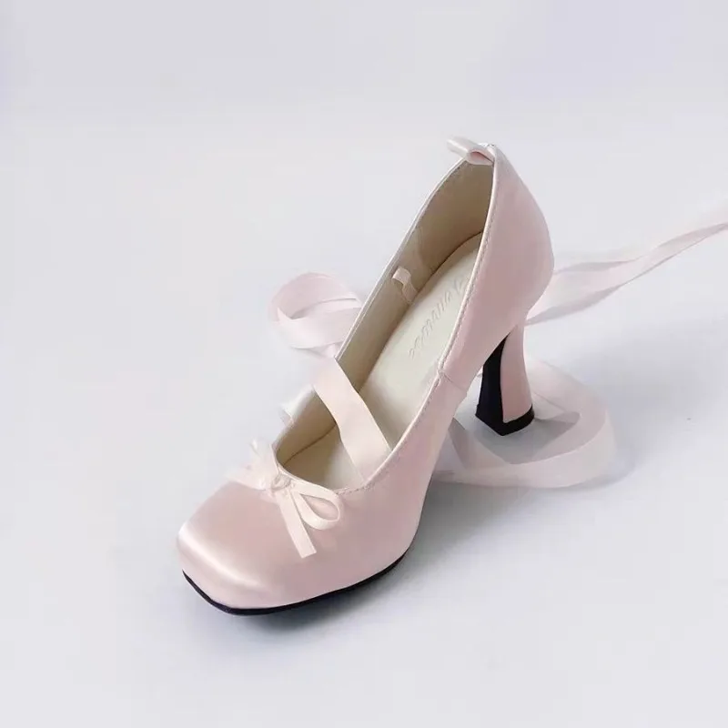 Women Ballet Shoes Temperament Square Head Bow Cross Strap Design Women Heels Luxury Satin Kitten Heel Banquet Party Dress Shoes