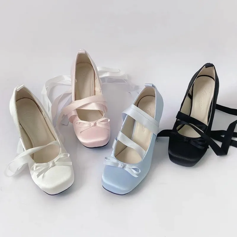 Women Ballet Shoes Temperament Square Head Bow Cross Strap Design Women Heels Luxury Satin Kitten Heel Banquet Party Dress Shoes