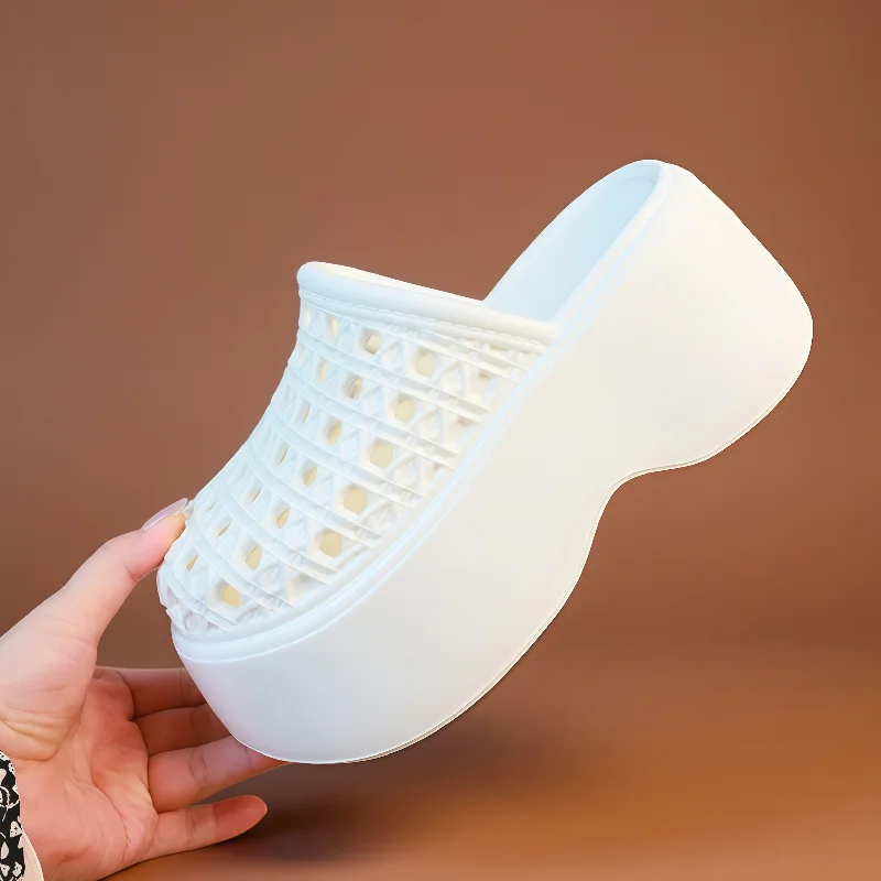 Chunky Thick Sole 7cm Platform Slippers Women Hollow Perforated Breathable Mules Shoes Concise Woman Height Boost Summer Slides