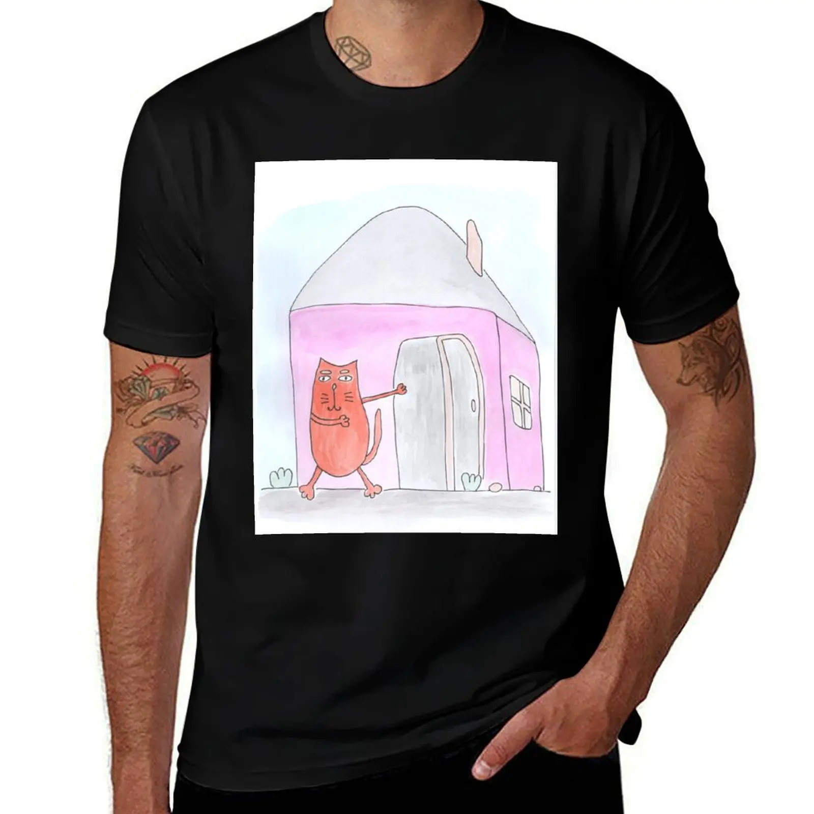 Cat points to the house. Real estate, rent T-Shirt Long Lasting Casual T-Shirt