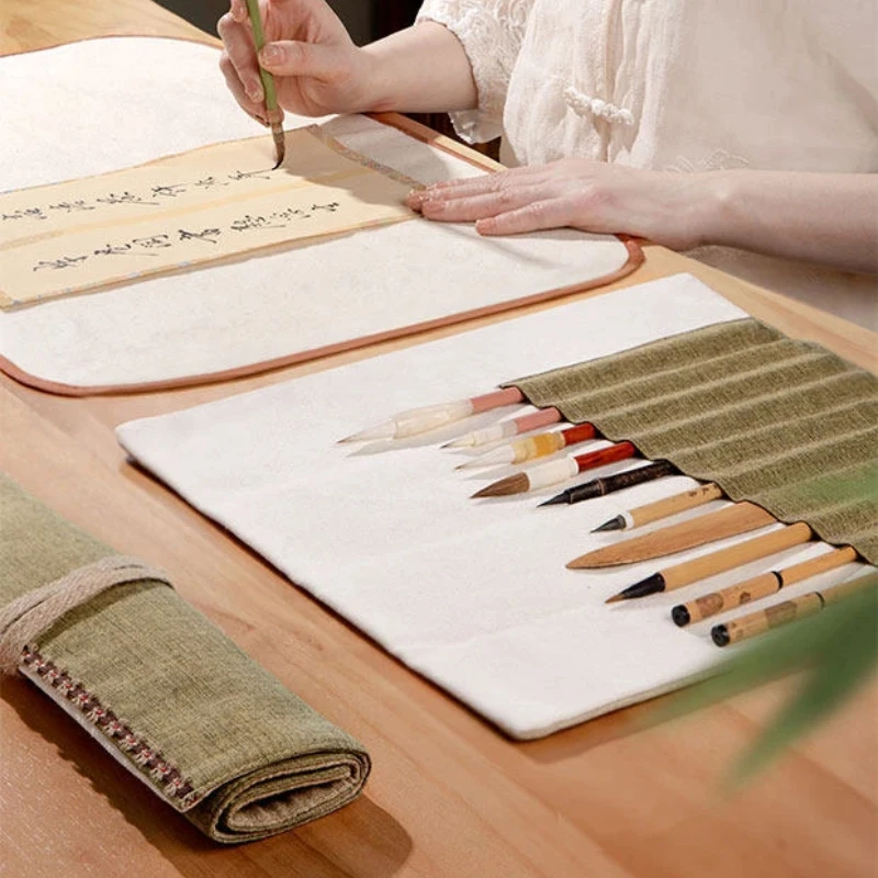 Cotton Linen Calligraphy Brush Roll Case Chinese Style Large Capacity Storage Bag Portable Calligraphy Painting Brush Roll Pouch
