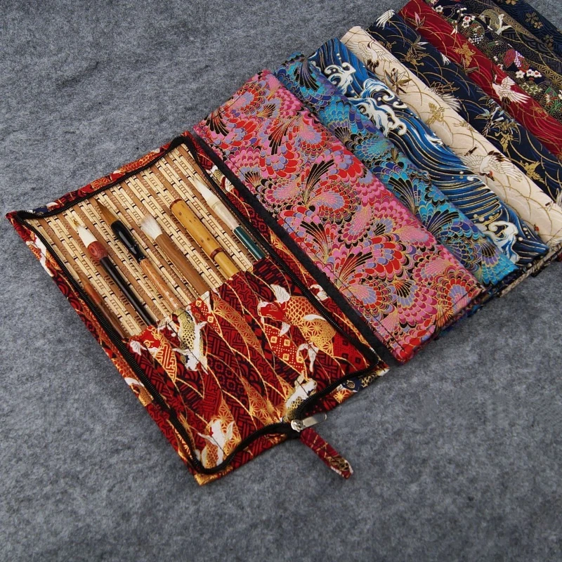 Ancient Style Hand Cloth Brush Roll Bag Portable Bamboo Brush Guard Student Calligraphy Ink Painting Storage Organizer Art Tools
