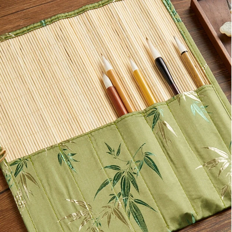 Antique Chinese Style Calligraphy Brush Roll Curtain Ink Brush Storage Pouch Portable Traditional Chinese Painting Pen Wrap Bag