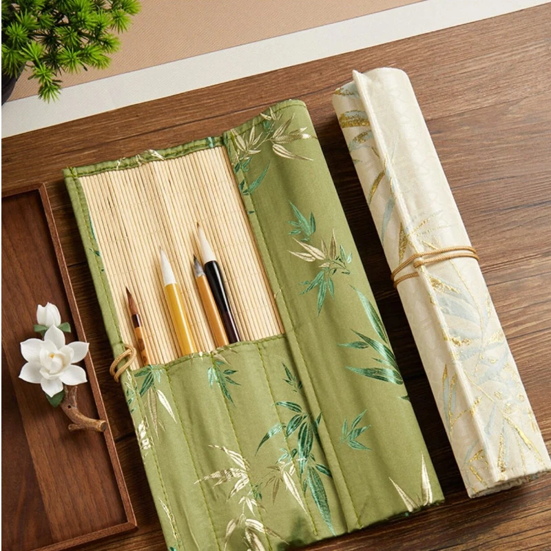 Antique Chinese Style Calligraphy Brush Roll Curtain Ink Brush Storage Pouch Portable Traditional Chinese Painting Pen Wrap Bag