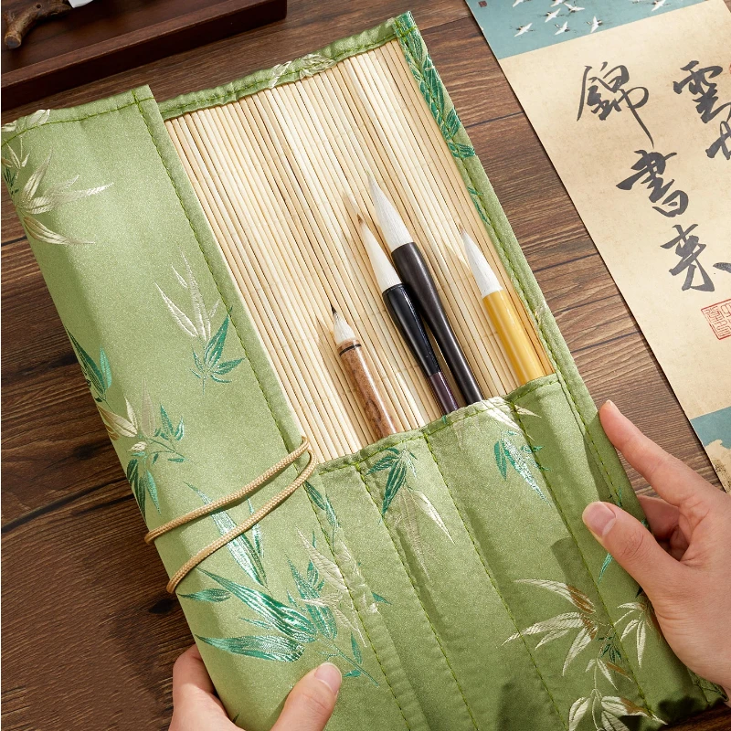 Antique Chinese Style Calligraphy Brush Roll Curtain Ink Brush Storage Pouch Portable Traditional Chinese Painting Pen Wrap Bag