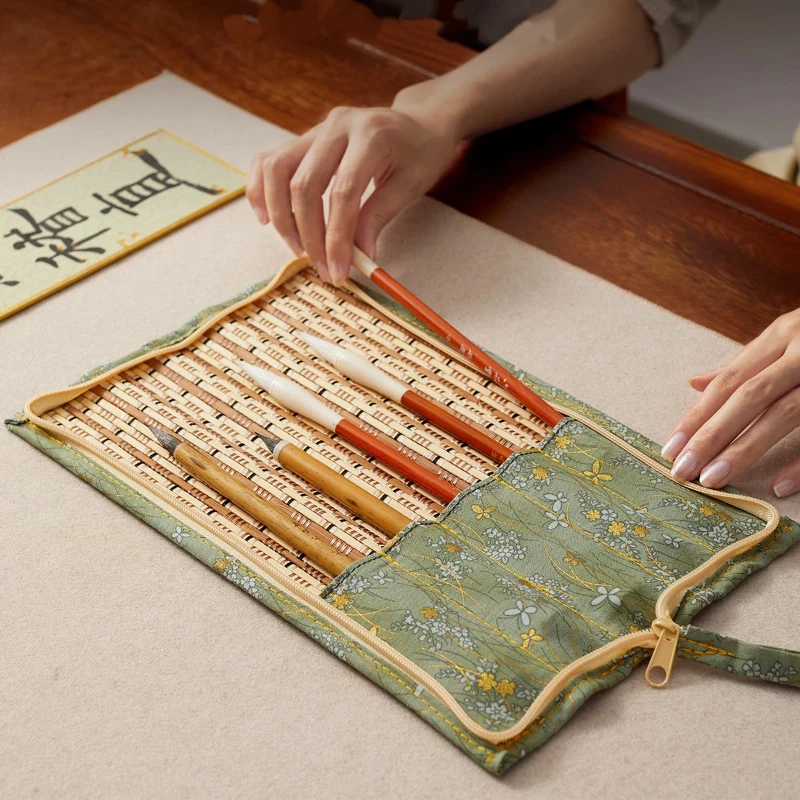 Zipper Retro Chinese Bamboo Brush Roll Portable Calligraphy Brush Storage Protector Bag For Beginner Students Studying Supplies