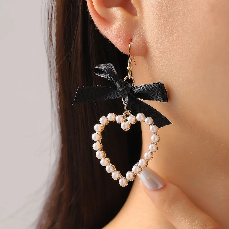 Cute Bow Imitation Pearl Heart Earrings, Fashion Women's Luxury Quality Jewelry, Trendy Parties, Weddings, Banquets, Daily Wear