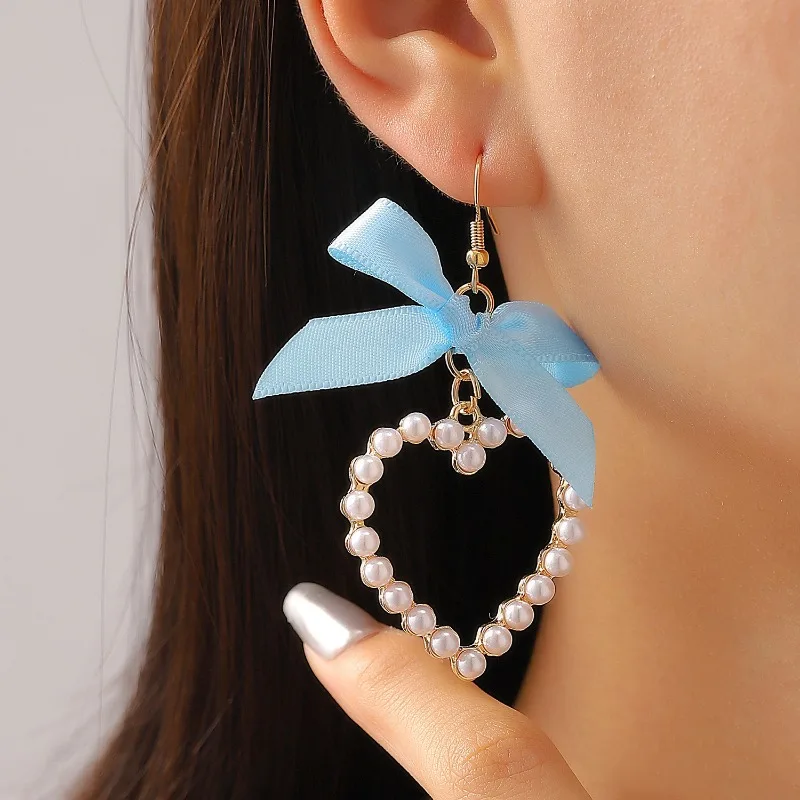 Cute Bow Imitation Pearl Heart Earrings, Fashion Women's Luxury Quality Jewelry, Trendy Parties, Weddings, Banquets, Daily Wear