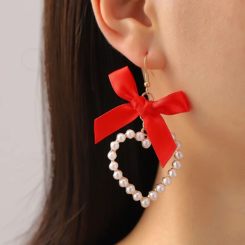 Cute Bow Imitation Pearl Heart Earrings, Fashion Women's Luxury Quality Jewelry, Trendy Parties, Weddings, Banquets, Daily Wear