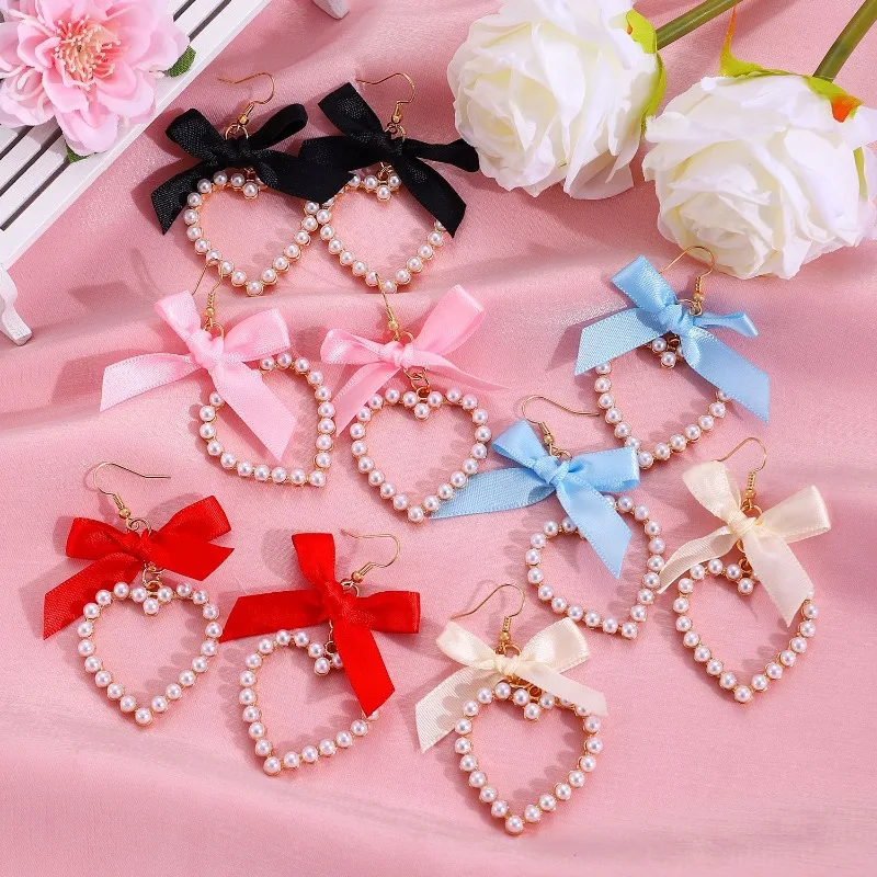 Cute Bow Imitation Pearl Heart Earrings, Fashion Women's Luxury Quality Jewelry, Trendy Parties, Weddings, Banquets, Daily Wear