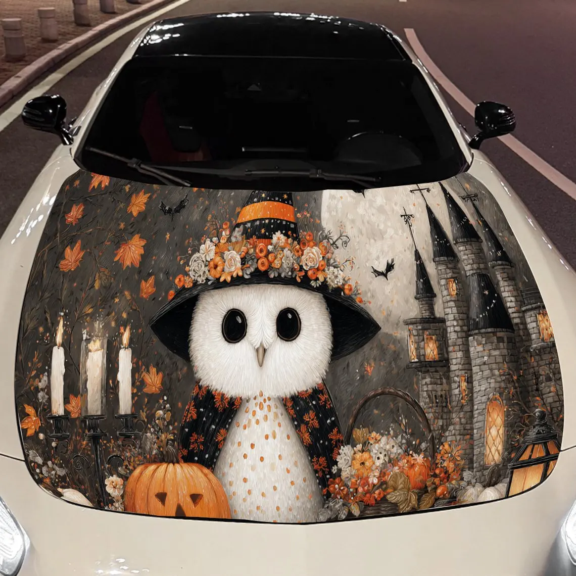 Festive Halloween Owl & Pumpkin Car Engine Hood Sticker, Auto Vinyl Wraps, Waterproof Self-adhesive Vehicle Decal, Durable & Ant
