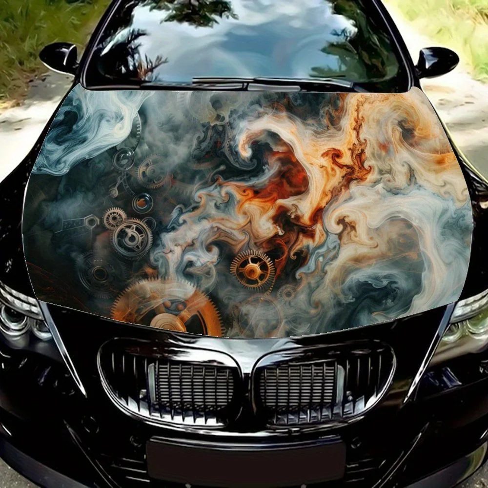 Gears, Smoke, Colorful, Cool;Artistic; Festive; Colorful; Gift;Car Hood Decal Sticker, Motorcycle and Truck Decal, Self-adhesive