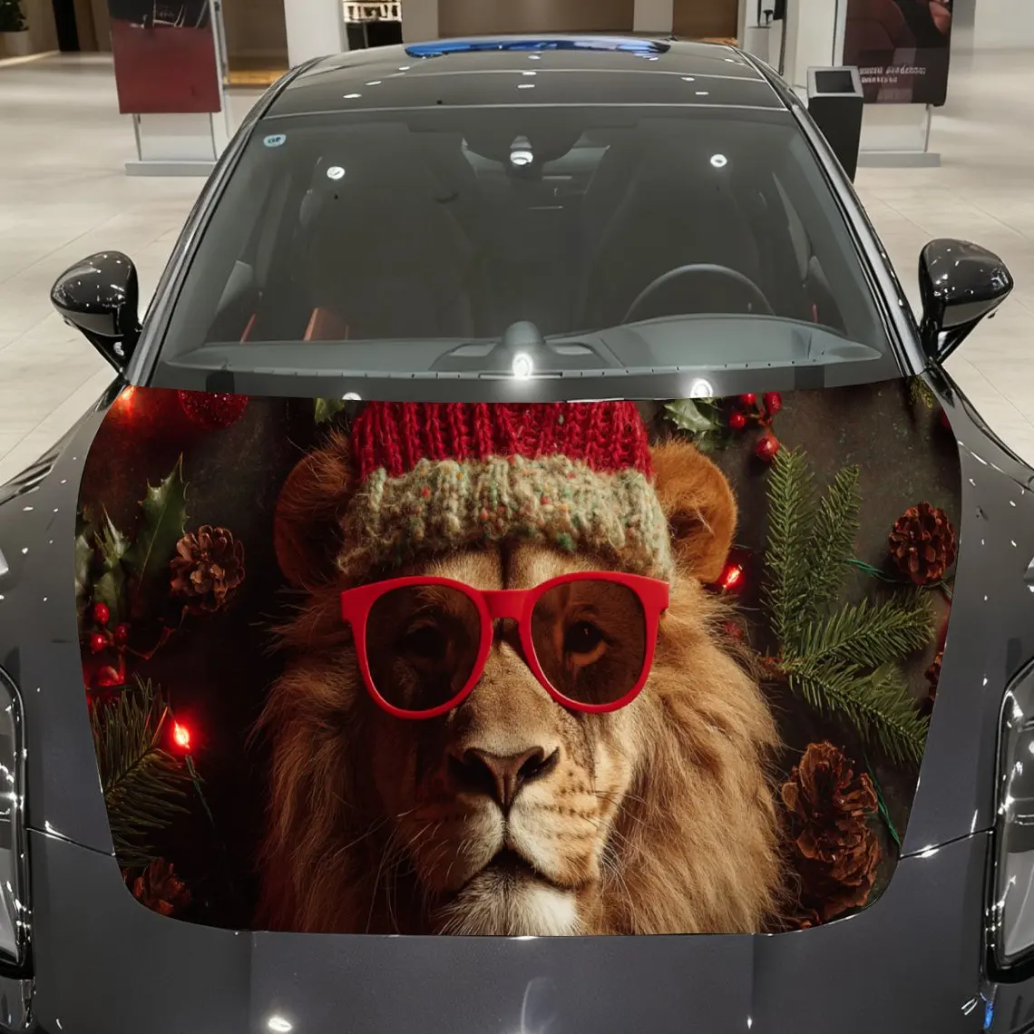 Festive Christmas Lion with Beanie and Sunglasses Car Hood Decal, Waterproof Self-adhesive Vehicle Vinyl Wraps Sticker, Cool Aut
