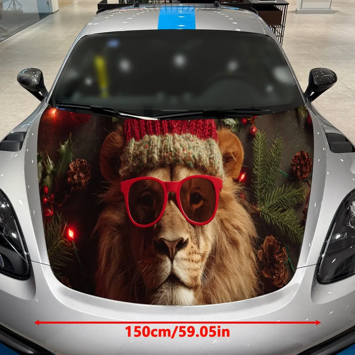 Festive Christmas Lion with Beanie and Sunglasses Car Hood Decal, Waterproof Self-adhesive Vehicle Vinyl Wraps Sticker, Cool Aut