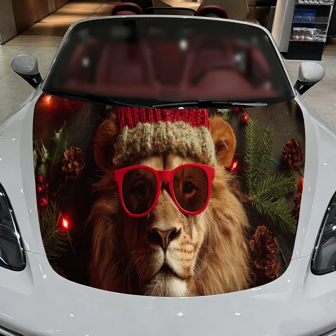 Festive Christmas Lion with Beanie and Sunglasses Car Hood Decal, Waterproof Self-adhesive Vehicle Vinyl Wraps Sticker, Cool Aut