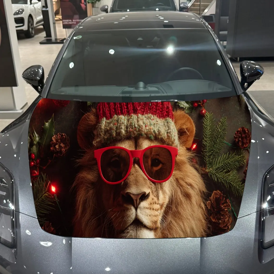 Festive Christmas Lion with Beanie and Sunglasses Car Hood Decal, Waterproof Self-adhesive Vehicle Vinyl Wraps Sticker, Cool Aut