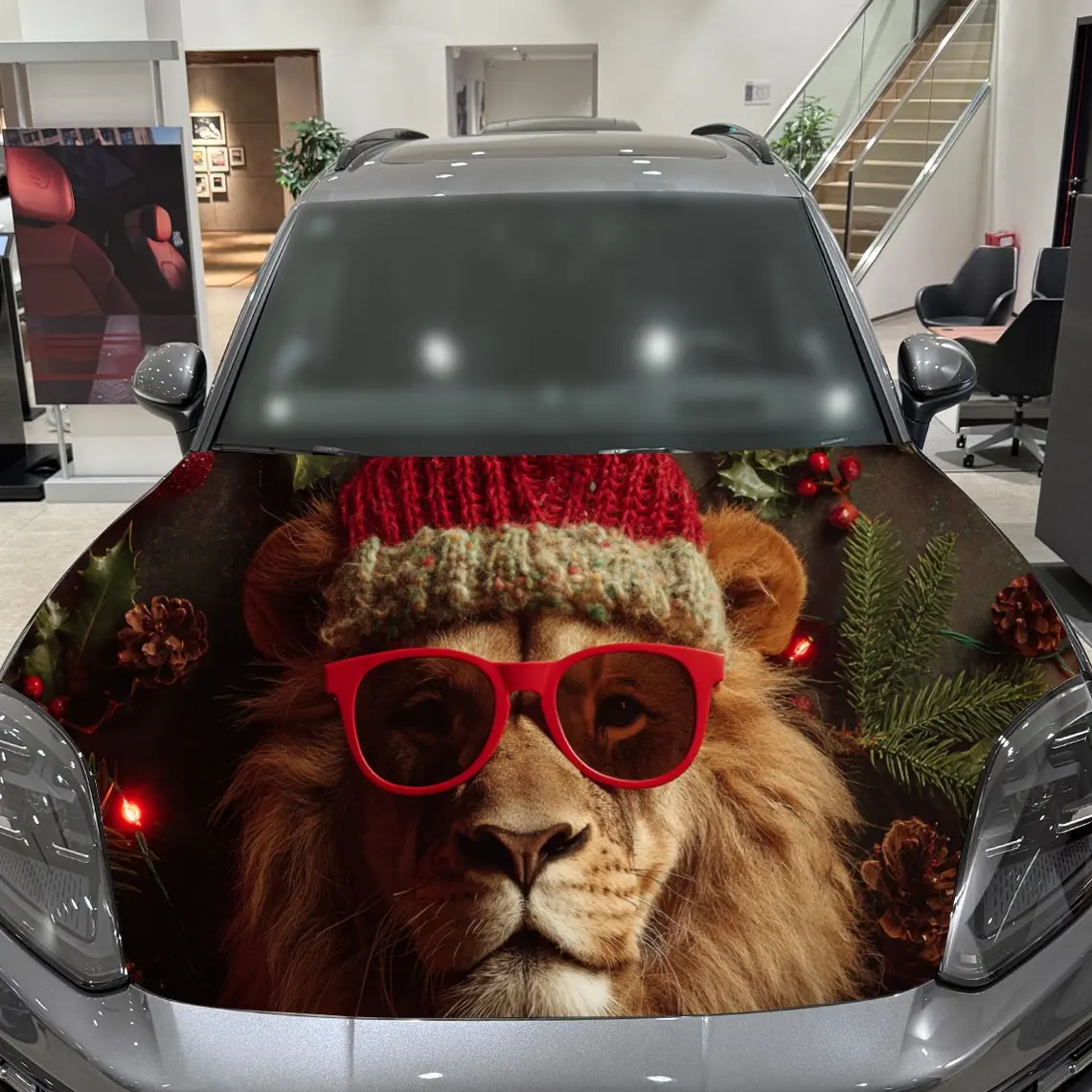 Festive Christmas Lion with Beanie and Sunglasses Car Hood Decal, Waterproof Self-adhesive Vehicle Vinyl Wraps Sticker, Cool Aut
