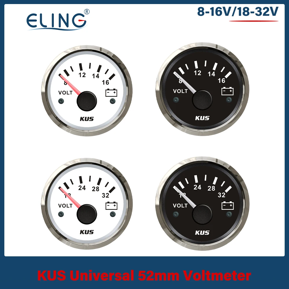 KUS 52mm Car Boat Battery Voltage Gauge 8-16V 18-32V 9-32V Voltmeter Voltage Indicator Red Yellow Backlight Waterproof 12V 24V