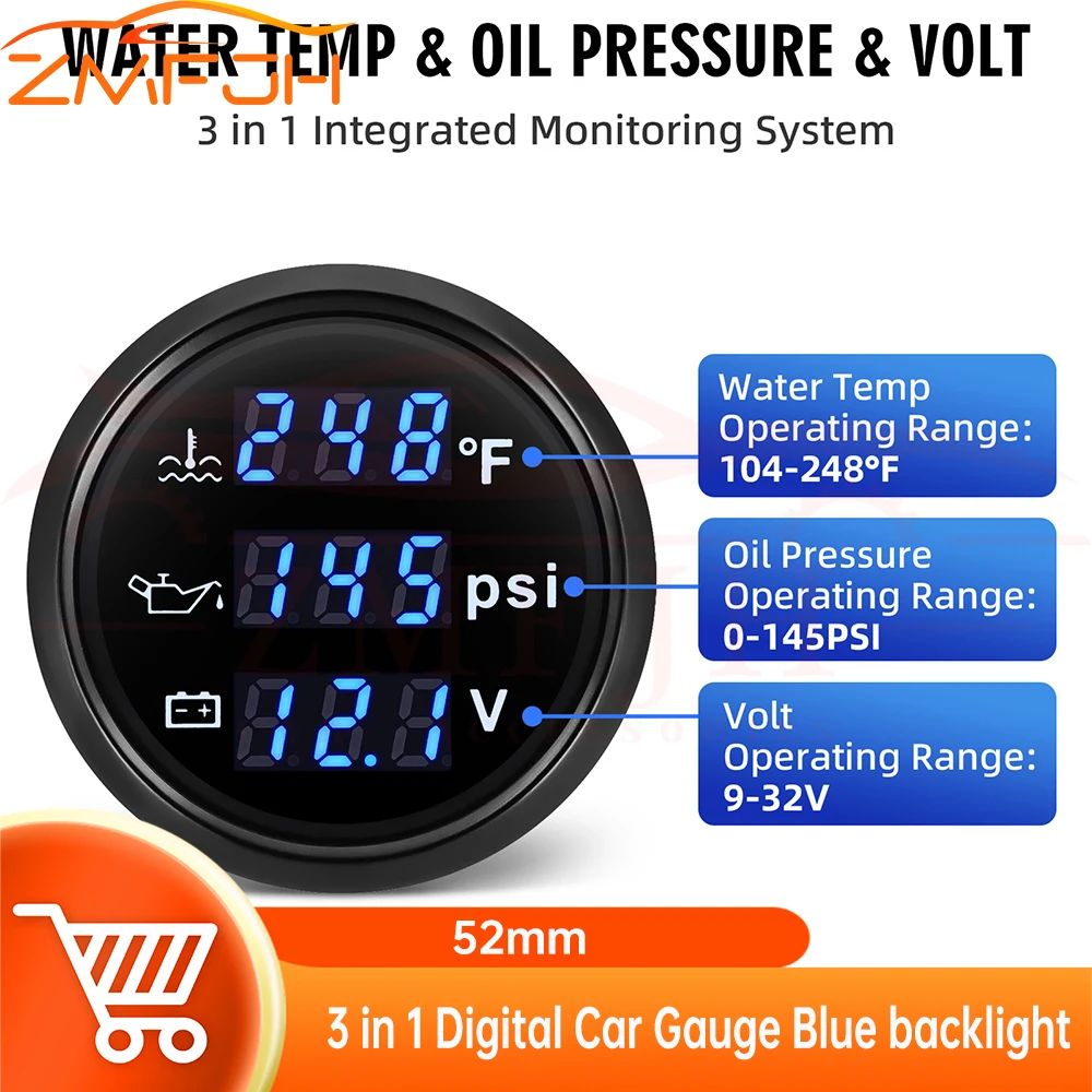 0-145PSI Oil Pressure Gauge Voltmeter Water Temp Gauge 3 in 1 Digital Car Gauge With Blue backlight waterproof customized
