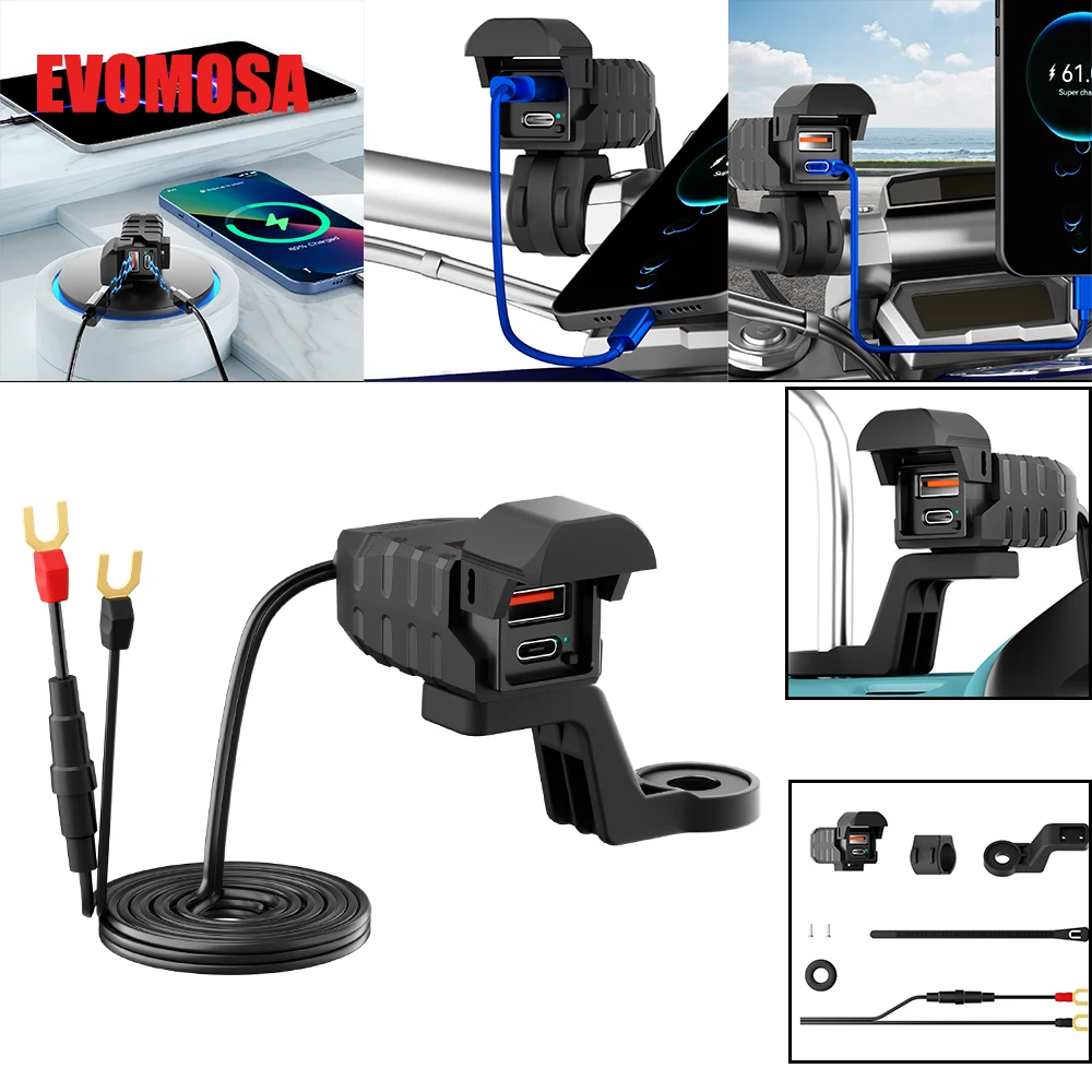 PD QC3.0 Motorcycle USB Fast Charger 60W Handlebar Dual USB Socket with Switch Voltmeter Waterproof 12V Power Supply Adapter