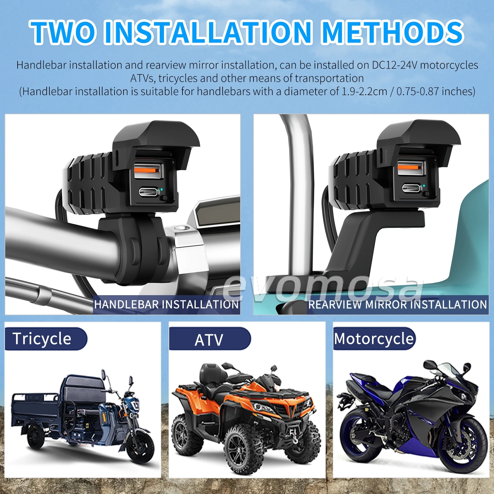 PD QC3.0 Motorcycle USB Fast Charger 60W Handlebar Dual USB Socket with Switch Voltmeter Waterproof 12V Power Supply Adapter