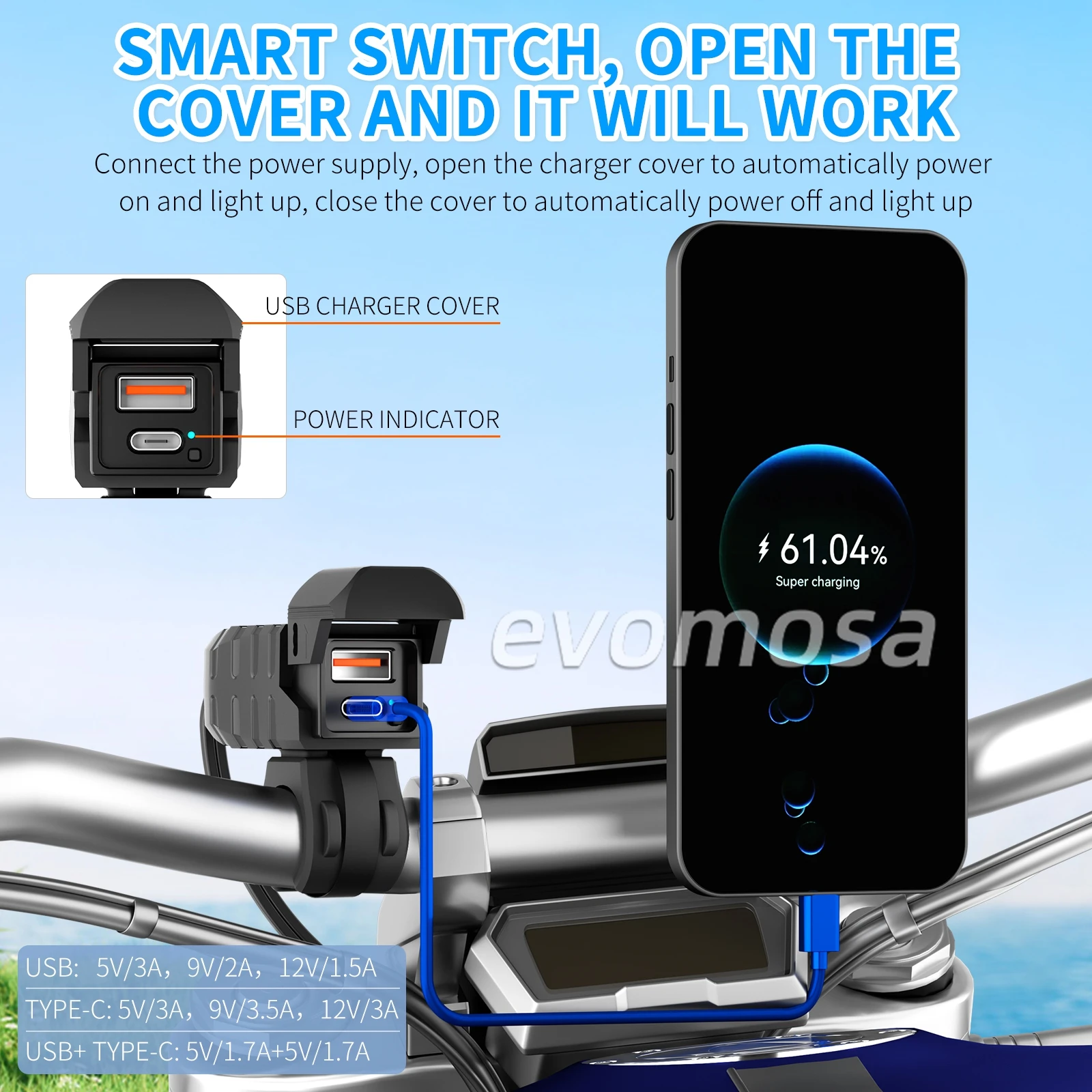 PD QC3.0 Motorcycle USB Fast Charger 60W Handlebar Dual USB Socket with Switch Voltmeter Waterproof 12V Power Supply Adapter