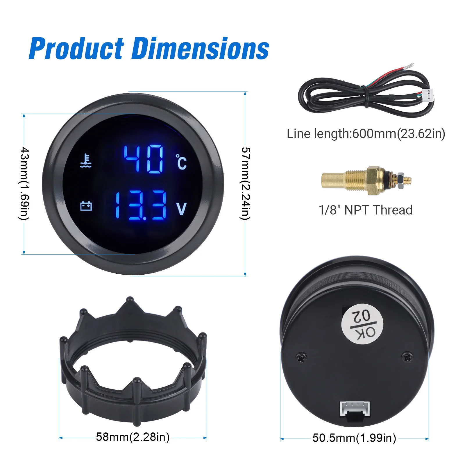 CNSPEED 2' 52mm 2 in 1 Car Digital Water Temp Gauge＆Voltmeter 12V/24V Tachometer Car Oil Pressure Gauge with Temp Sensor 1/8NPT