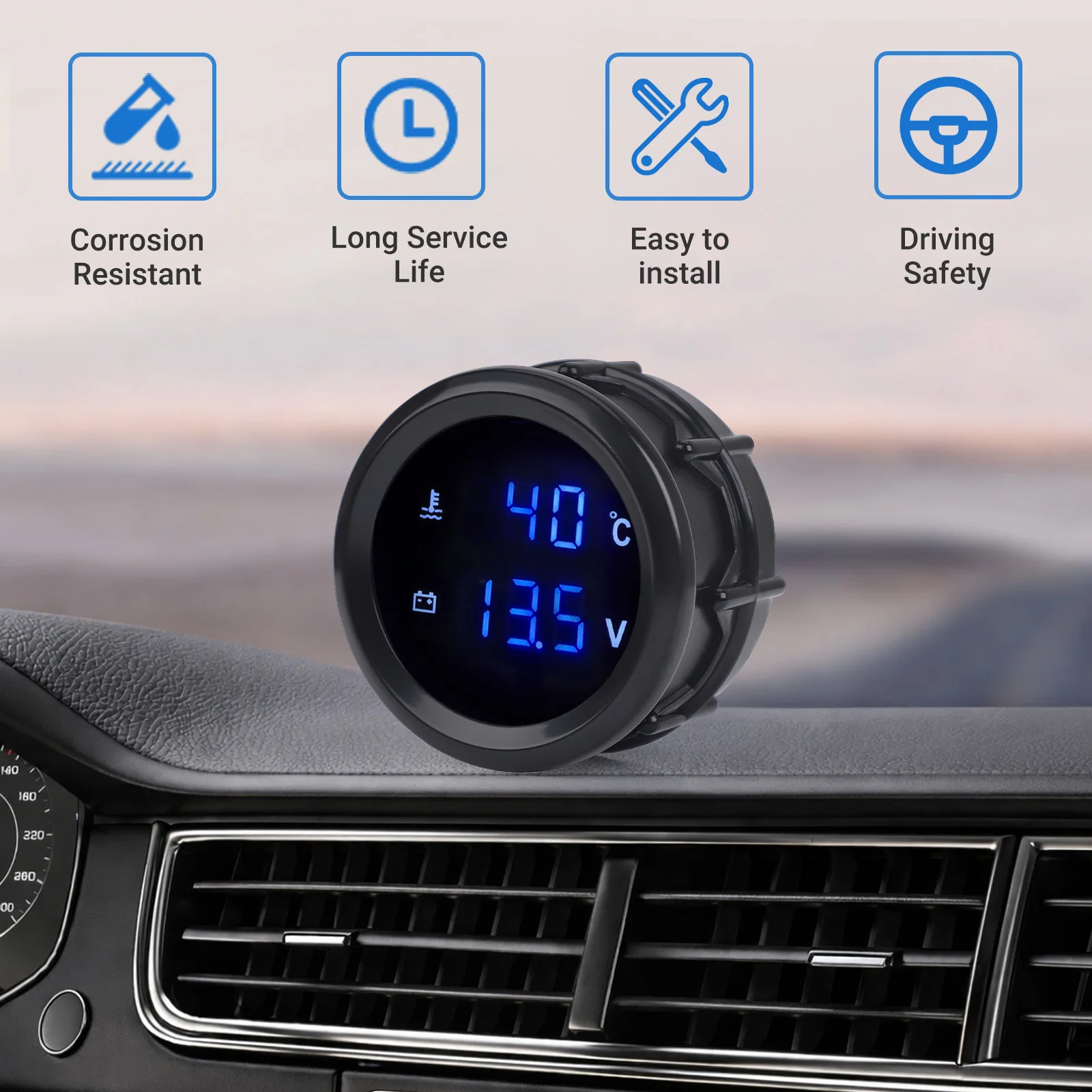 CNSPEED 2' 52mm 2 in 1 Car Digital Water Temp Gauge＆Voltmeter 12V/24V Tachometer Car Oil Pressure Gauge with Temp Sensor 1/8NPT