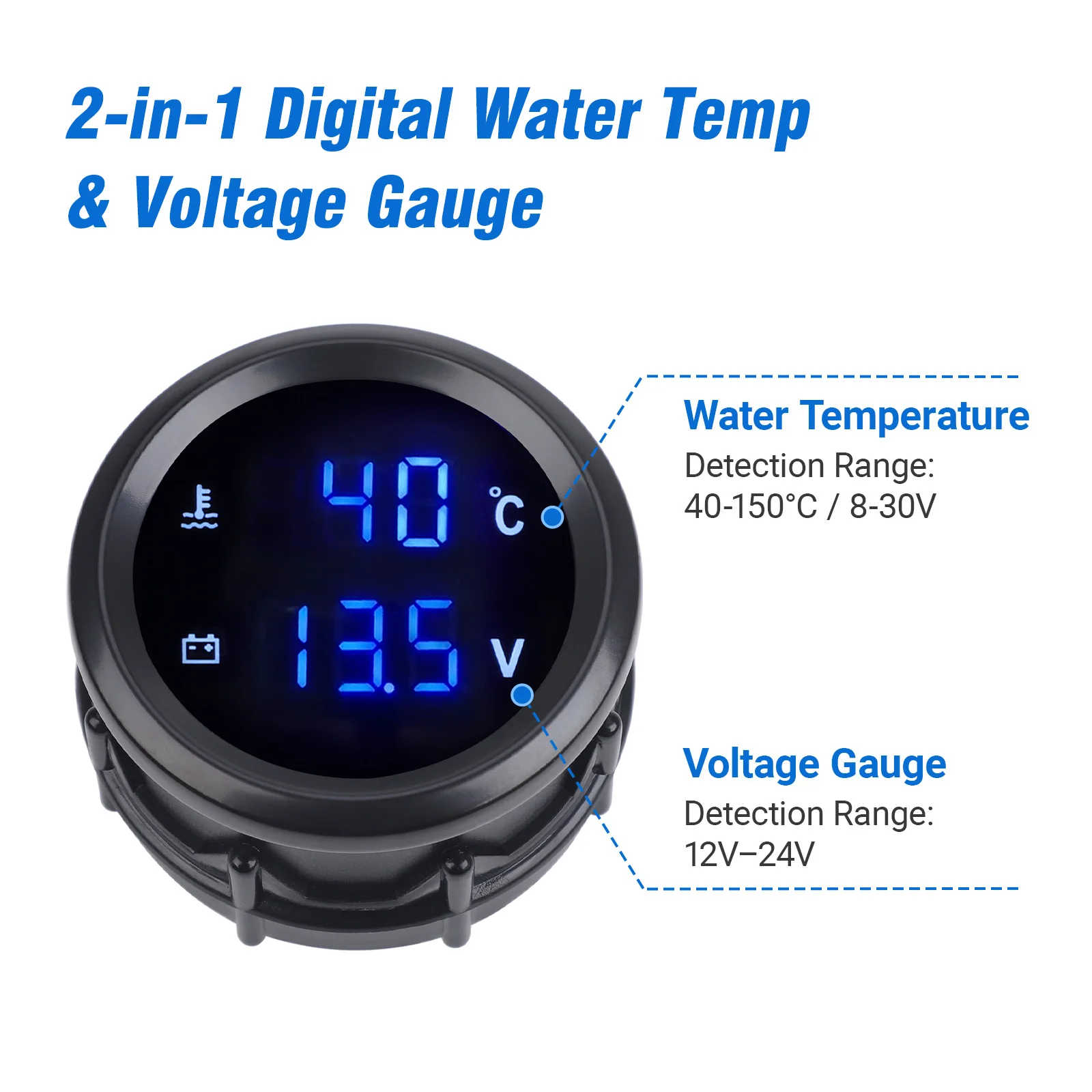 CNSPEED 2' 52mm 2 in 1 Car Digital Water Temp Gauge＆Voltmeter 12V/24V Tachometer Car Oil Pressure Gauge with Temp Sensor 1/8NPT