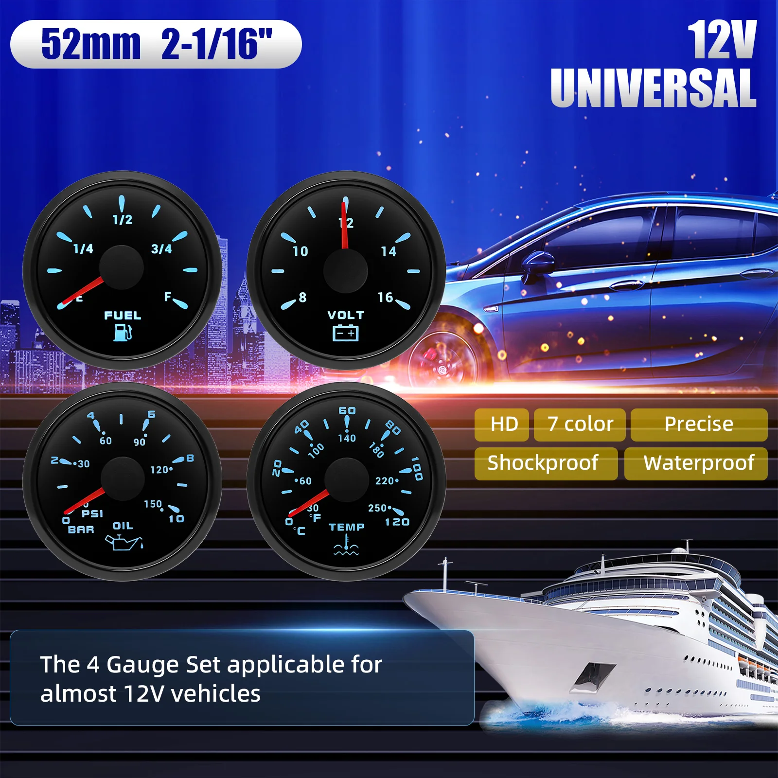 4 Gauges Set Oil Pressure Gauge Fuel Level Gauge Water Temp Meter Voltage With Sensors For Marine Boat Yacht Car Universal